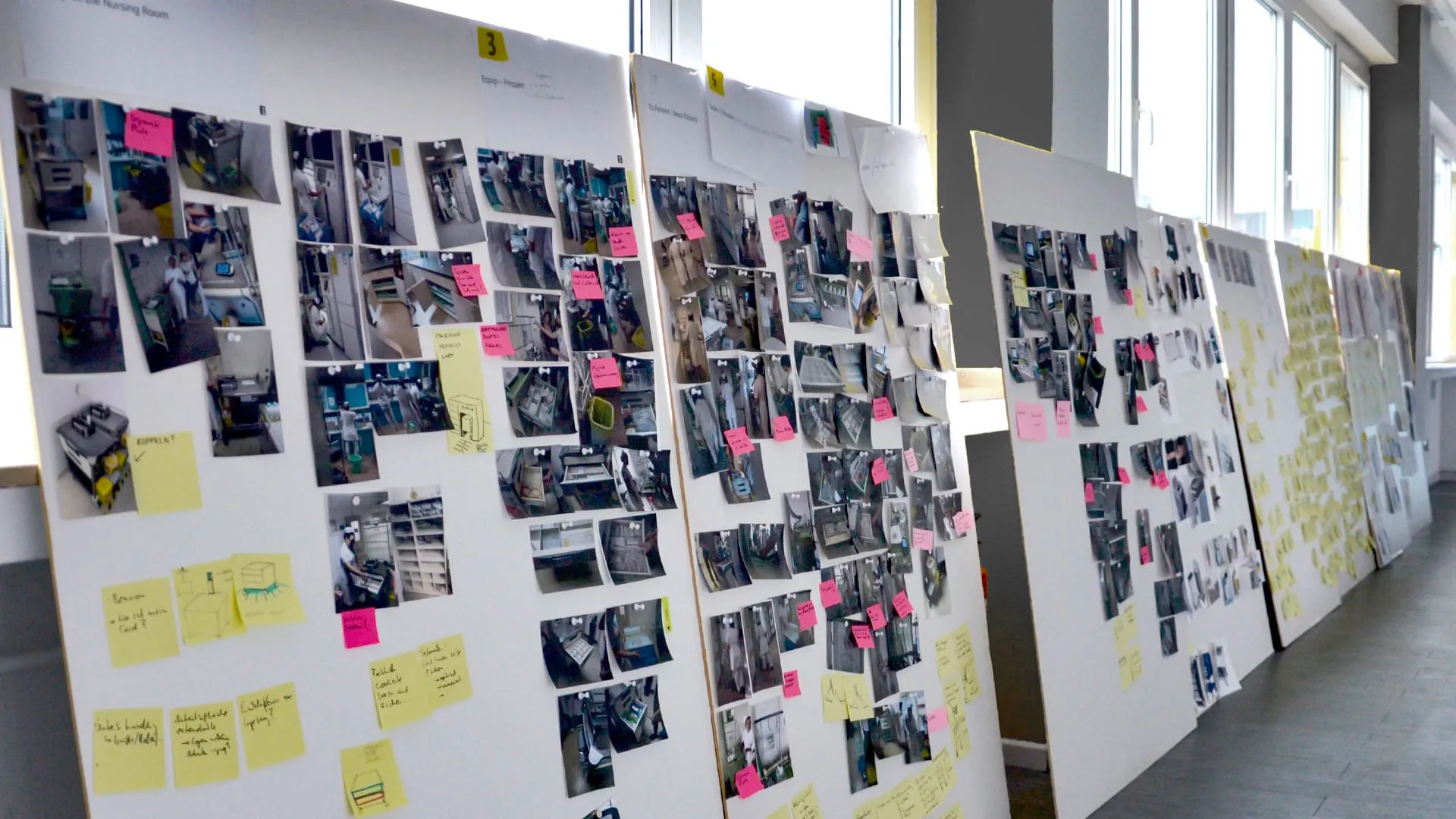 Große Forschungswand mit Fotos und Haftnotizen zur Organisation von Usability-Erkenntnissen in der Ideationsphase