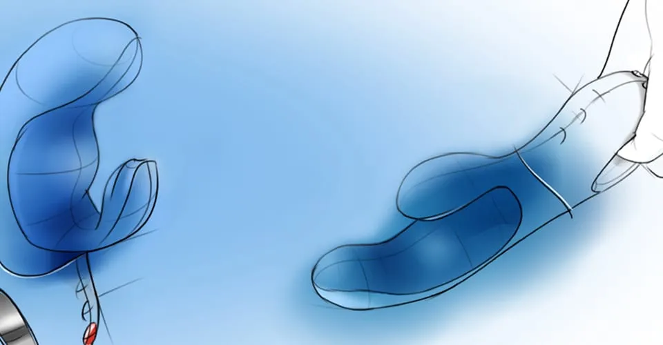 MISS BI FunFactory Vibrator Designskizzen in Blau, Konzeptillustrationen zum Doppelkörper