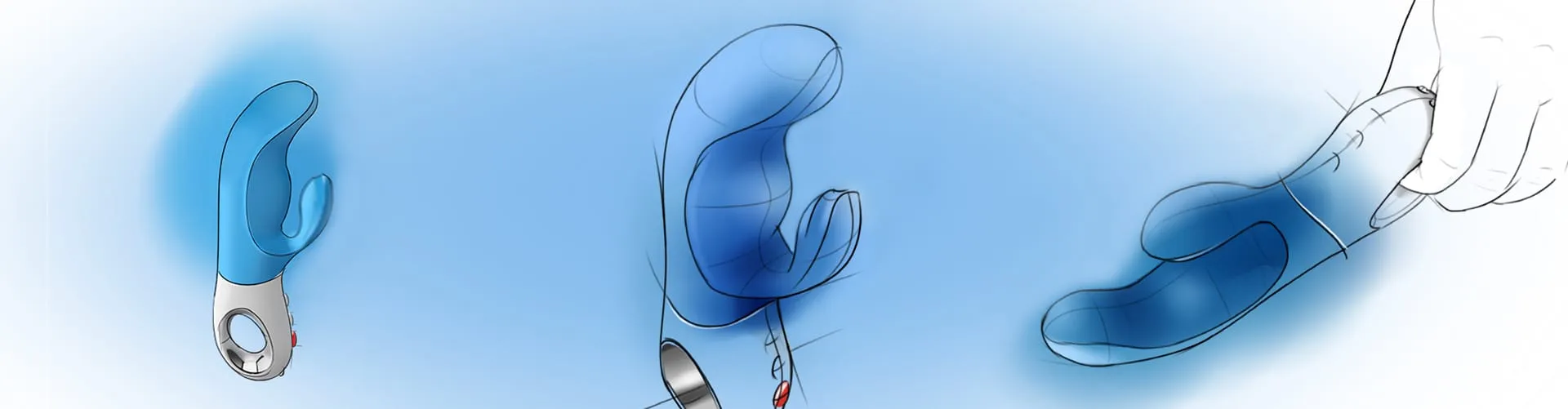 MISS BI FunFactory Vibrator blaue Konzeptskizzen zur ergonomischen Formentwicklung