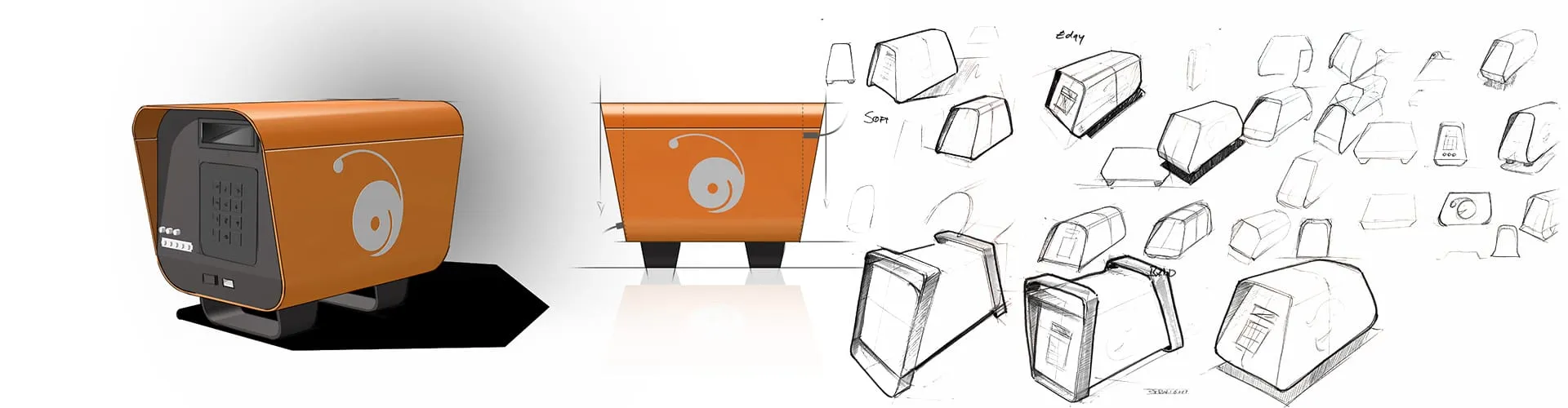 3D-Rendering der KINGO Solarbatterie neben frühen Industriedesign-Skizzen