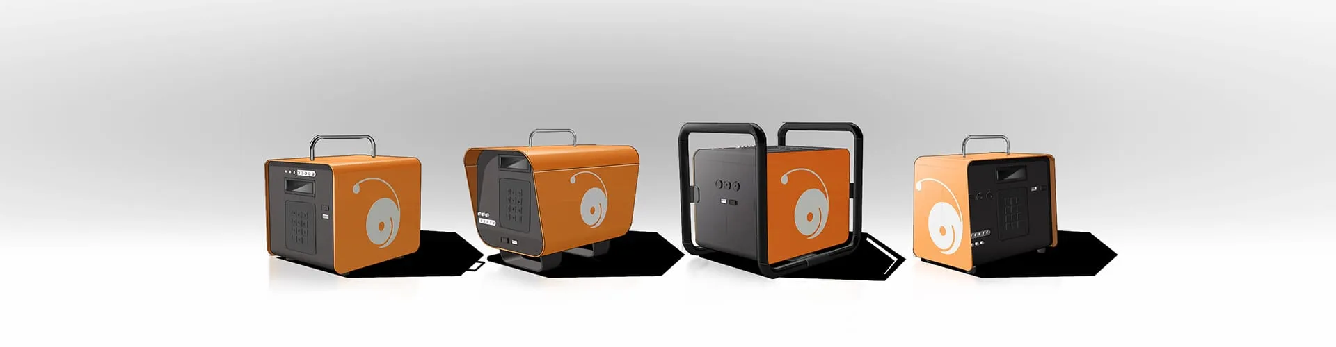 Vier 3D-Renderings der KINGO 15 Solarbatterie aus verschiedenen Winkeln und Konfigurationen