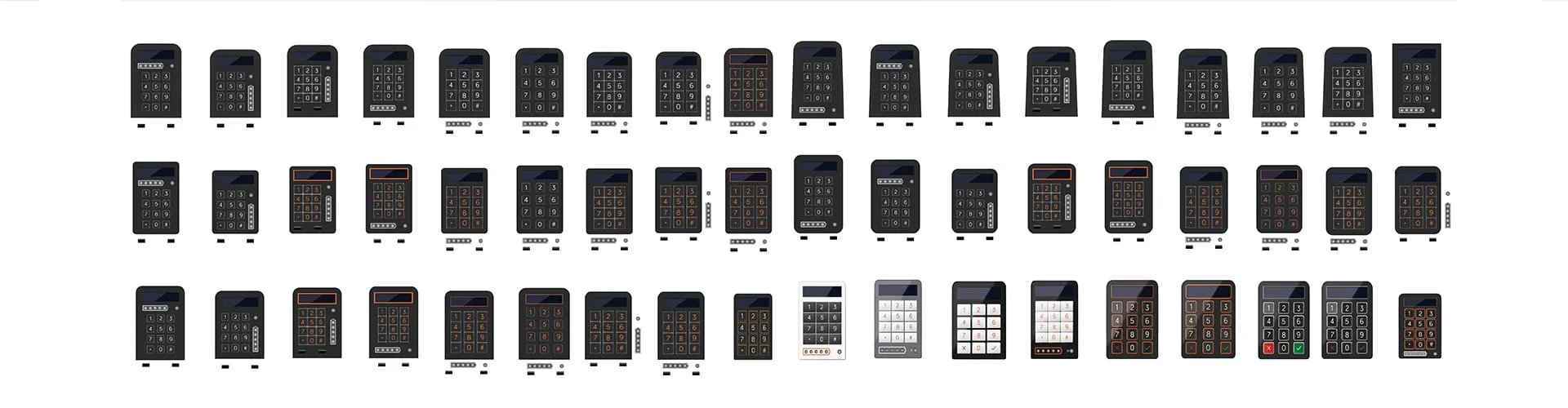 Rasterübersicht von KINGO Solarbatterie Bedienpanel-Entwürfen mit verschiedenen Tastaturlayouts