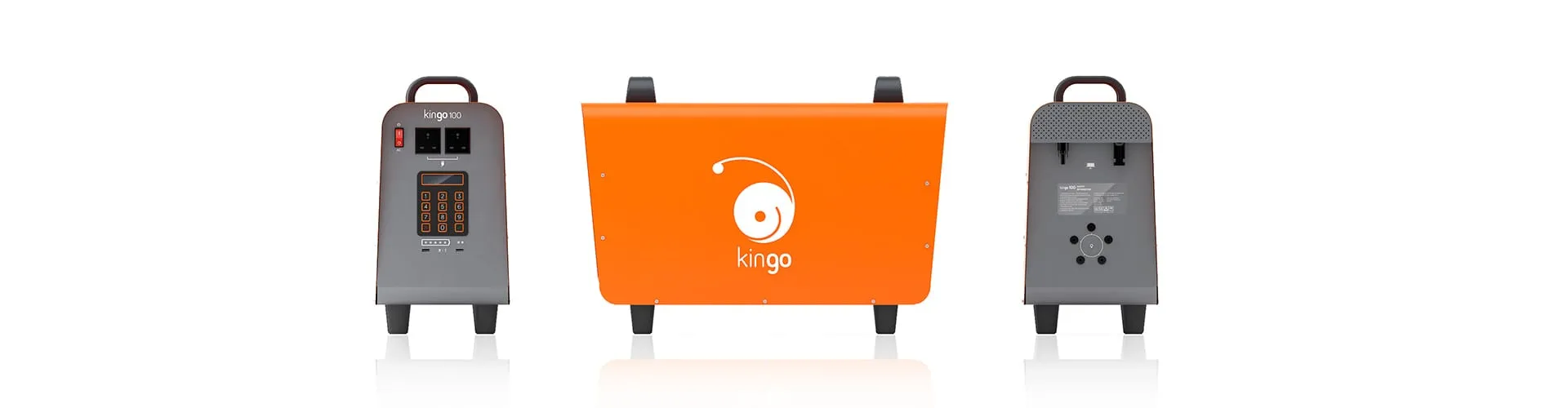 Drei-Ansichten-Rendering der KINGO 100 Solarbatterie in Orange und Dunkelgrau