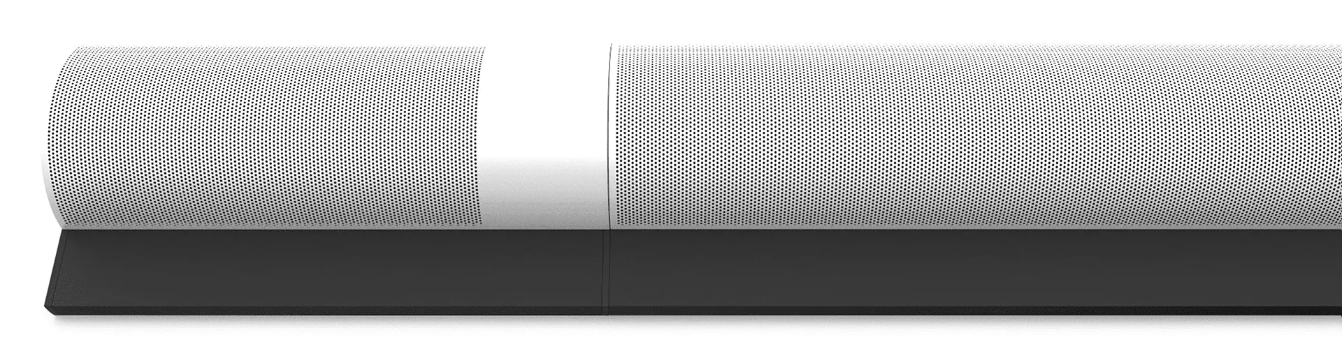 Horizontale Breitbildaufnahme der weißen AIRO Soundbar mit minimalistischem zylindrischem Lautsprecherdesign