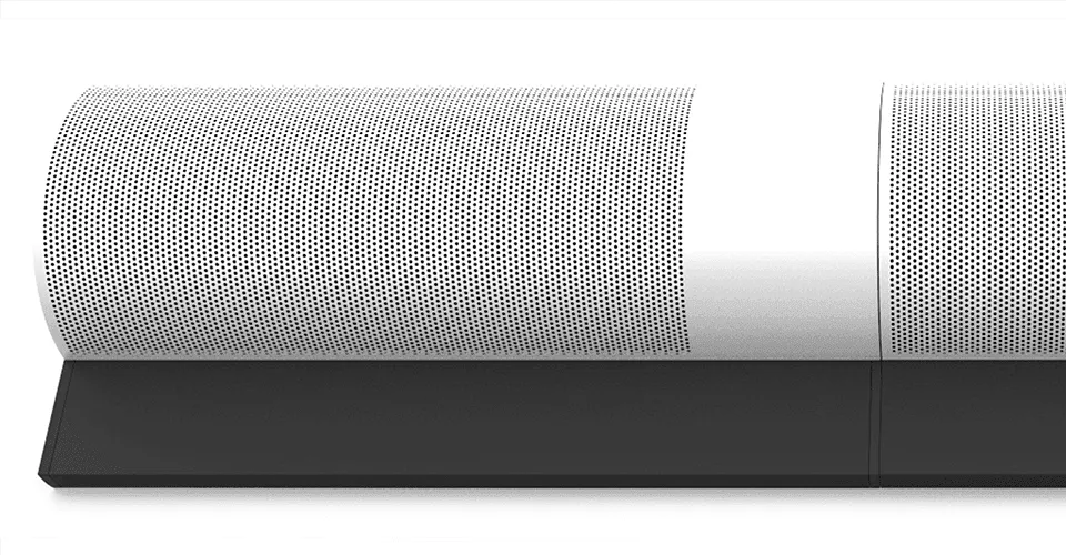 Seitenansicht der weißen AIRO Soundbar mit zylindrischem Lautsprecher und flachem Sockel