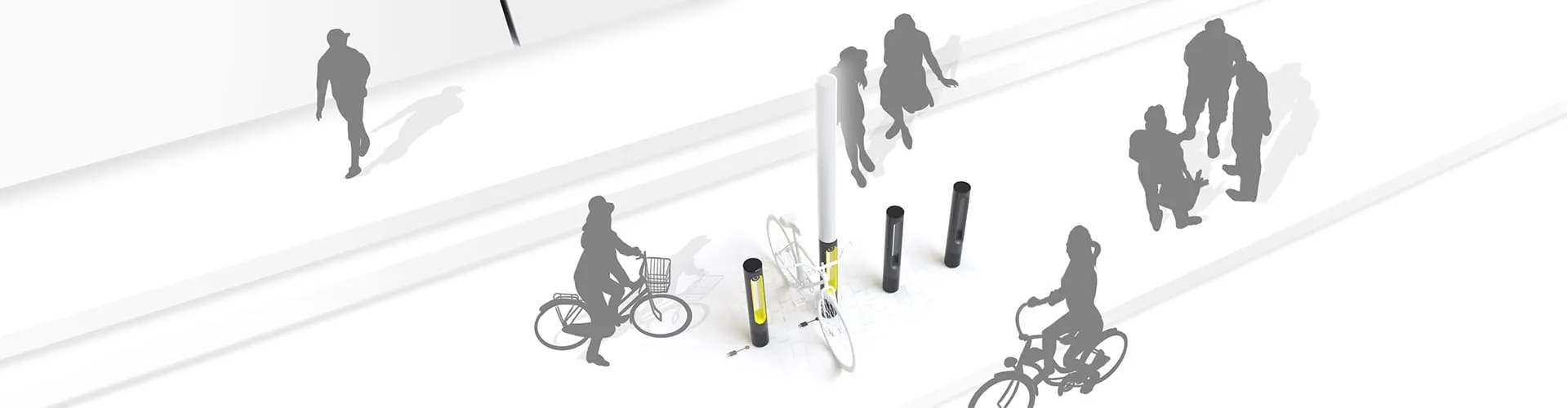 Breites isometrisches Konzept-Render von SMARTPOLE-Stationen in einem urbanen öffentlichen Raum mit Passanten und Radfahrenden