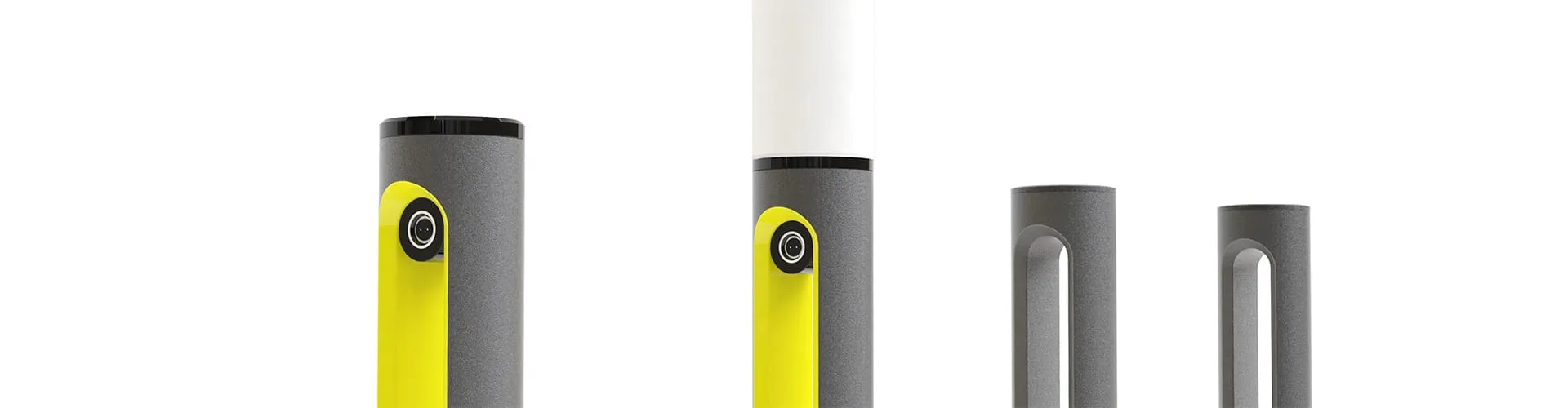 Breites Produkt-Render der vier SMARTPOLE-Modulvarianten auf weißem Hintergrund zur Darstellung des Baukastensystems