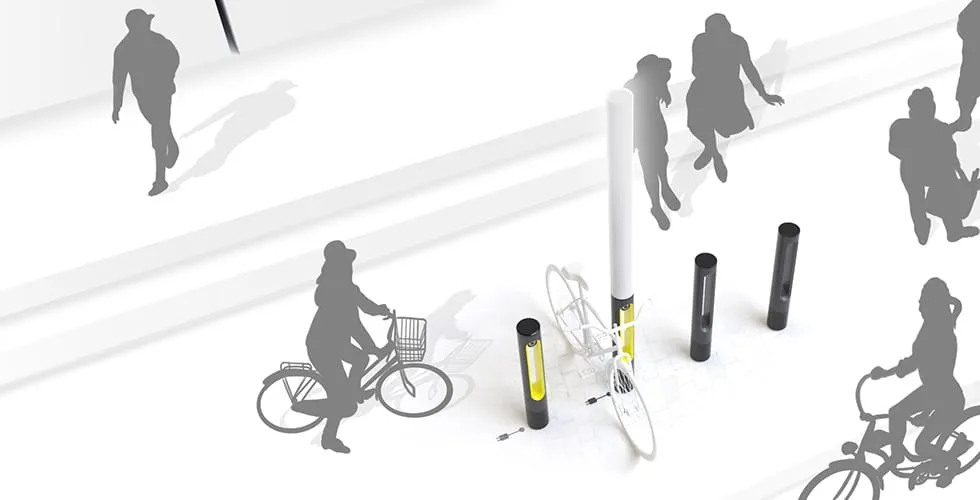 Isometrische Konzeptillustration von SMARTPOLE-Einheiten integriert in eine urbane Fußgängerzone mit Radfahrenden
