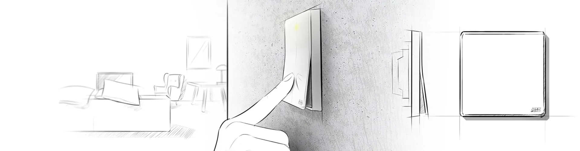 Breite Illustration einer Hand am XUAN ZHI Wippschalter; Designskizze und gerendertes Produkt daneben