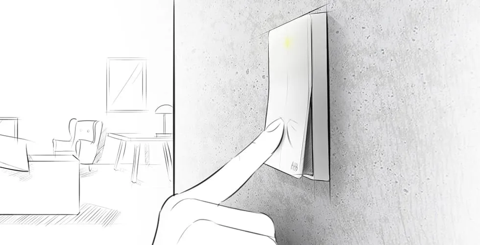 Illustration einer Hand, die den XUAN ZHI Wippschalter an einer Betonwand drückt; Wohnzimmerskizze im Hintergrund