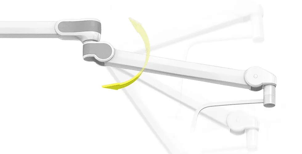 VALIA Höhenverstellung: Ondal Medizindesign-Arm schwenkt durch Bogen mit gelbem Bewegungspfeil