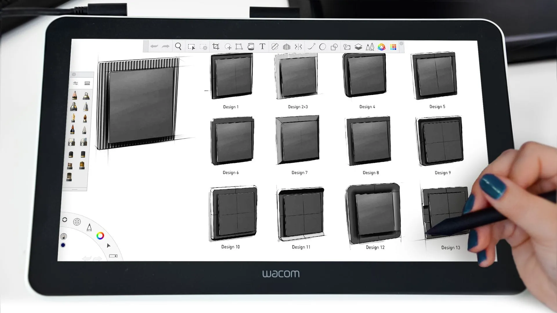 Designer skizziert Busch-art linear Schaltervarianten auf einem Wacom-Tablet in der Designentwicklungsphase für Busch-Jaeger