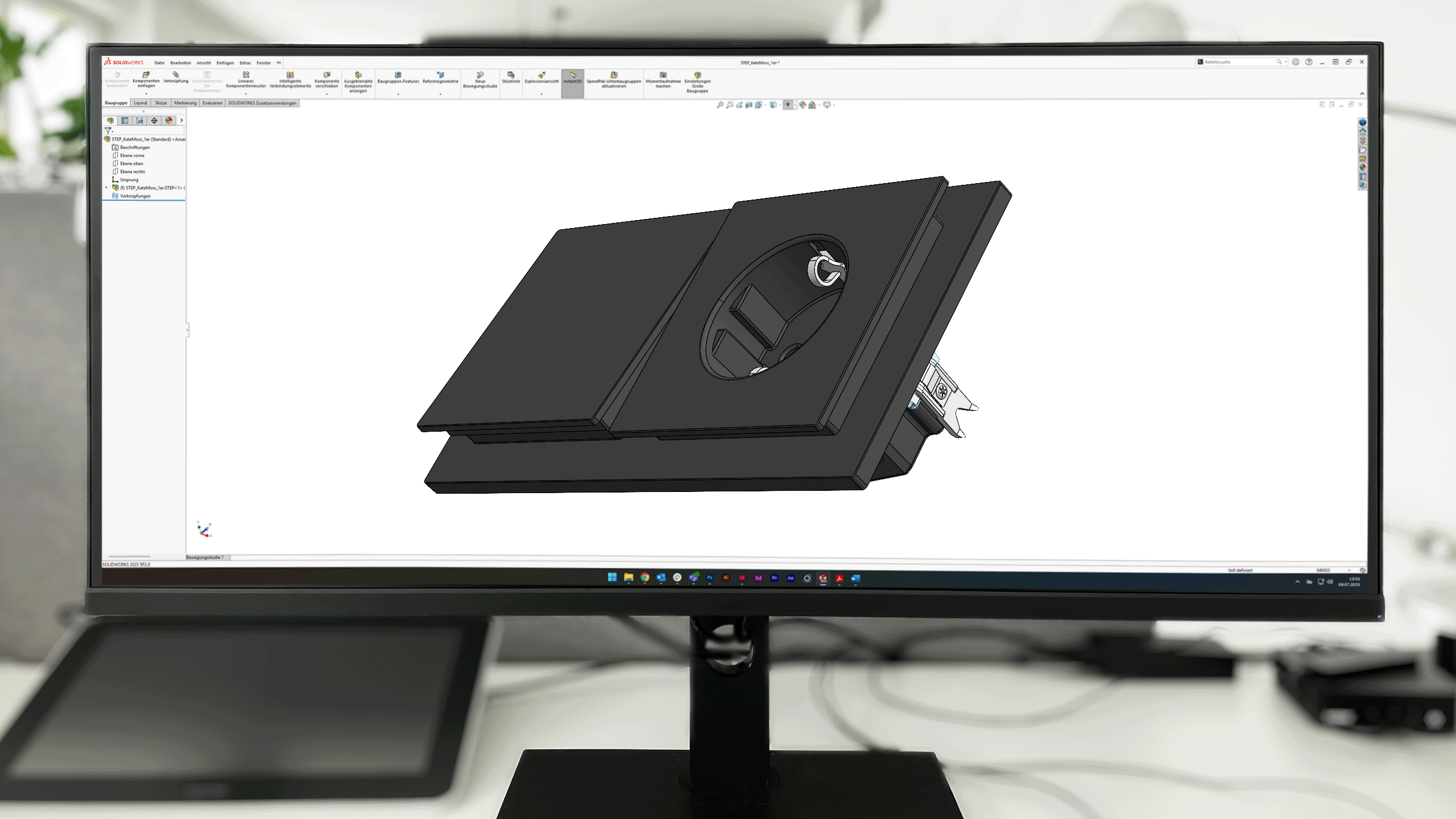 SolidWorks-CAD-Modell eines Busch-art linear Busch-Jaeger Steckdosenmoduls – Übergang vom 3D-Modell zum fotorealistischen Render