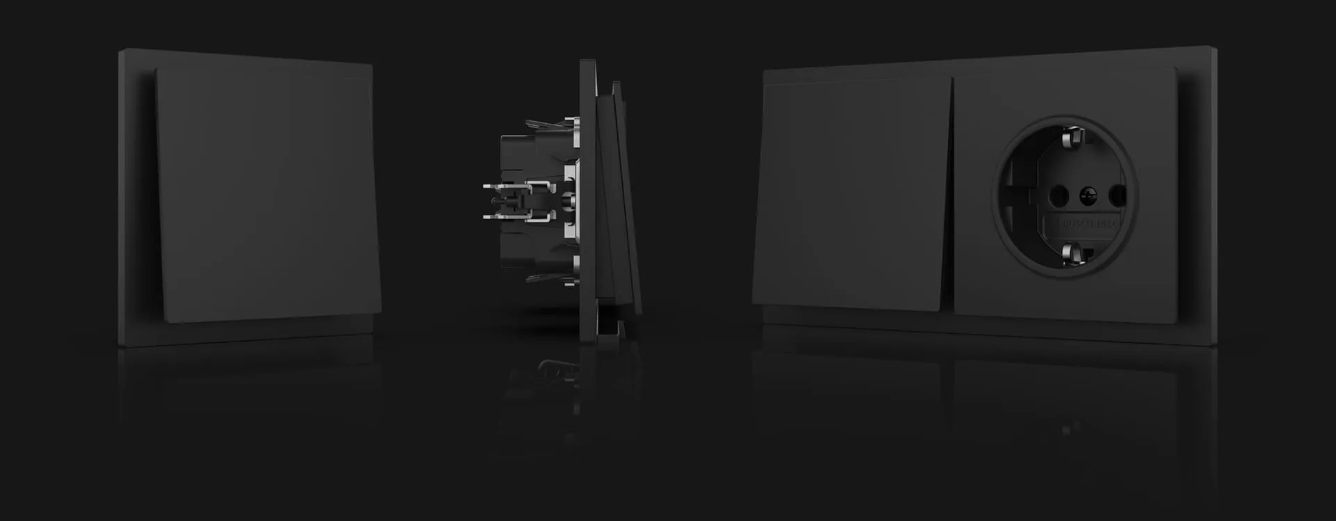 Busch-art linear von Busch-Jaeger — mattes schwarzes Schalter- und Steckdosen-Modul als Studio-Render von vorn, seitlich und montiert