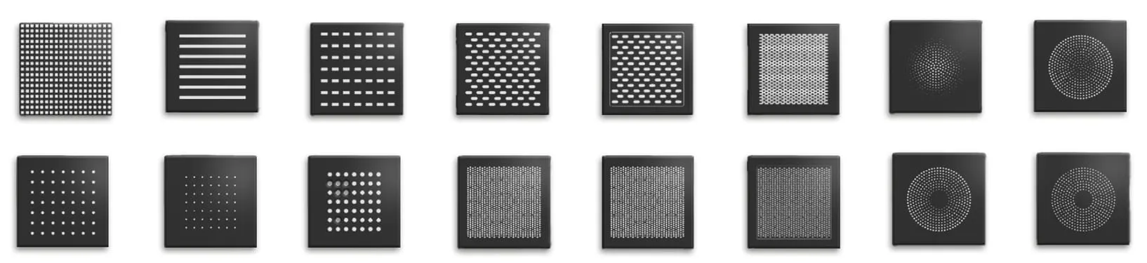 Sechzehn Lautsprechergitter-Mustervarianten für das Busch-art linear Lautsprechermodul von Busch-Jaeger