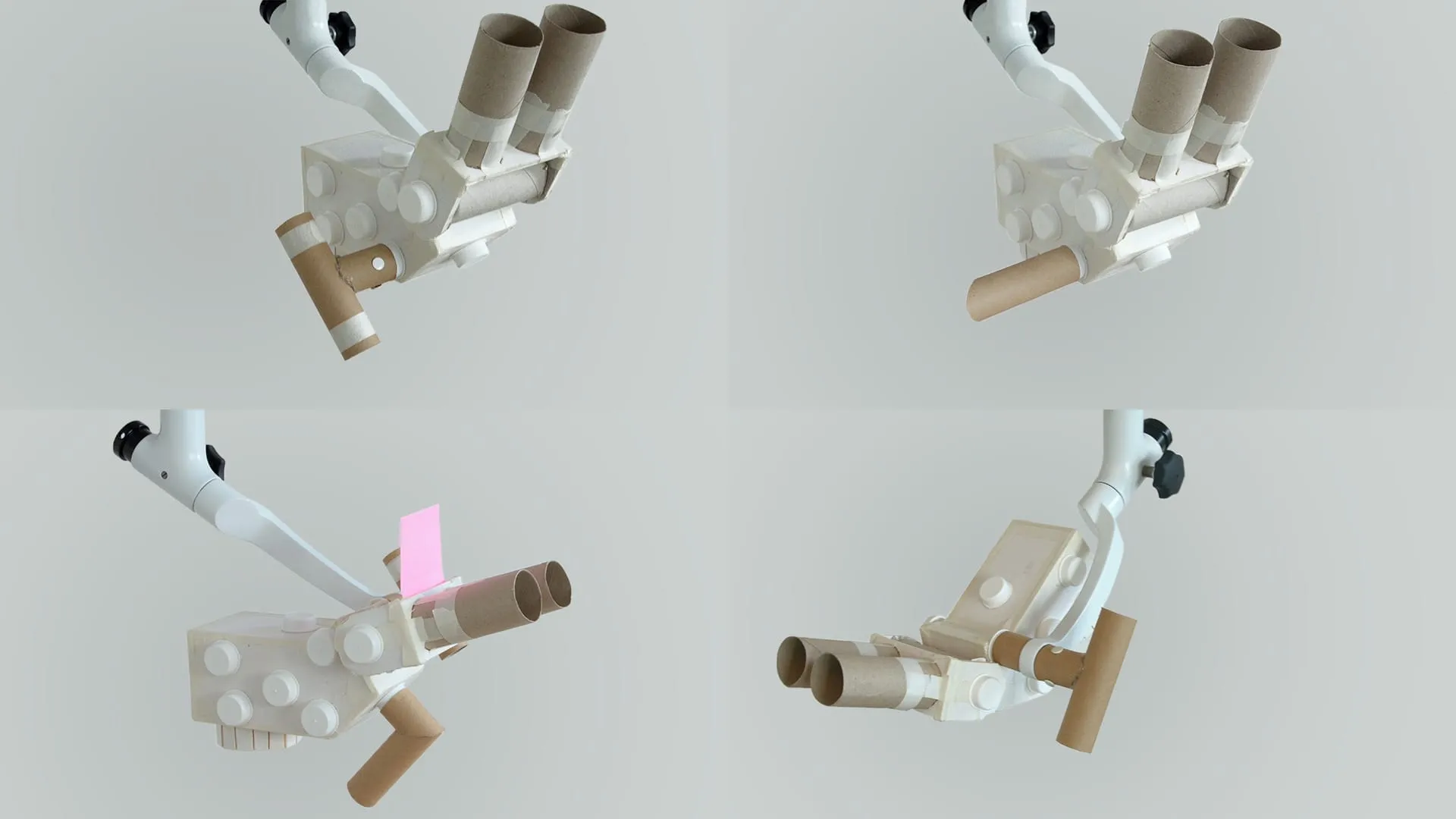 Vier Karton- und Schaumstoff-Modelle zur Erkundung ergonomischer Gehäusevarianten des KEPLER Dentalmikroskops