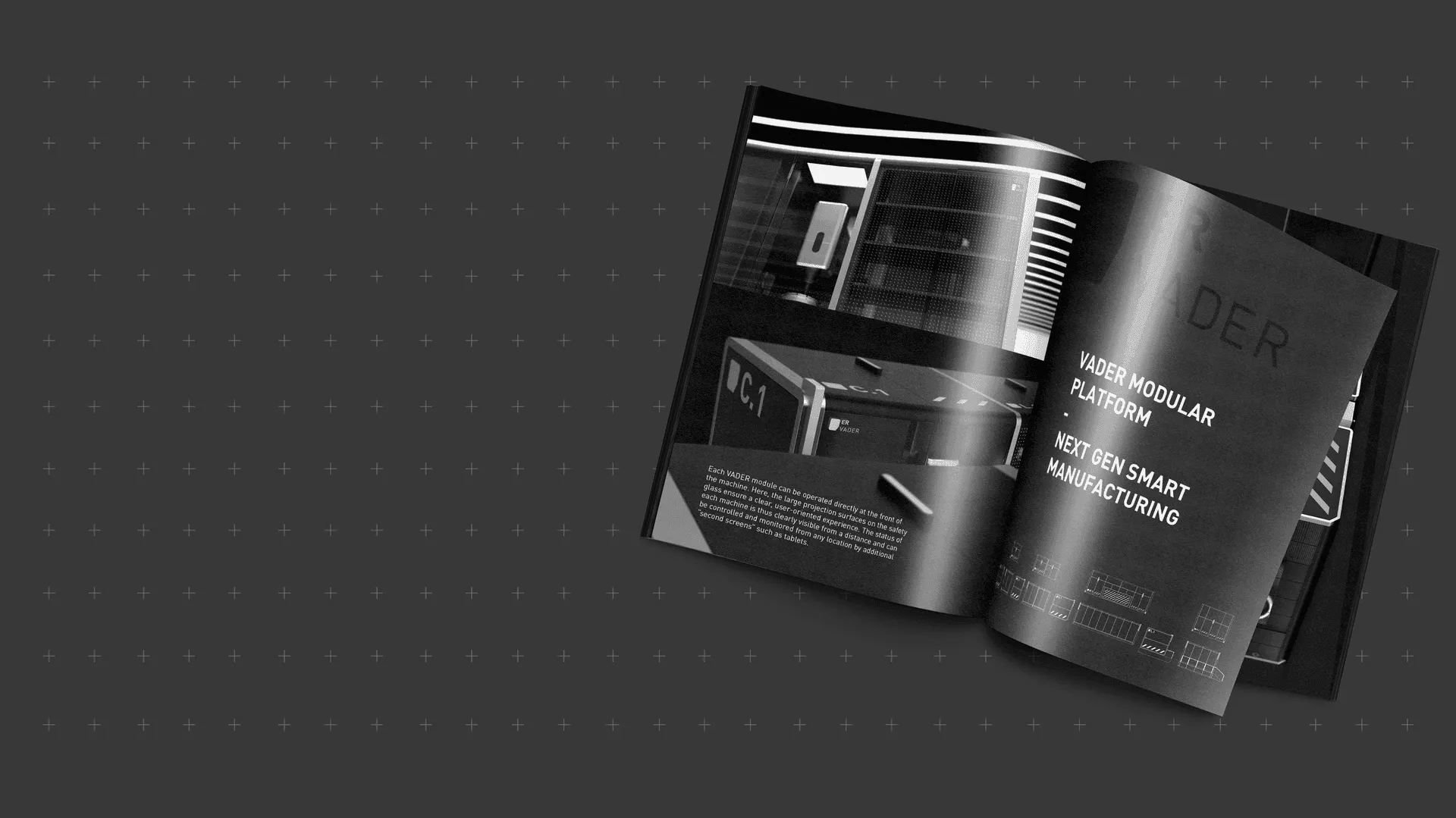 Aufgeschlagenes Design-Magazin mit der VADER Metallbearbeitungsmaschinen-Plattform und Smart-Manufacturing-Branding